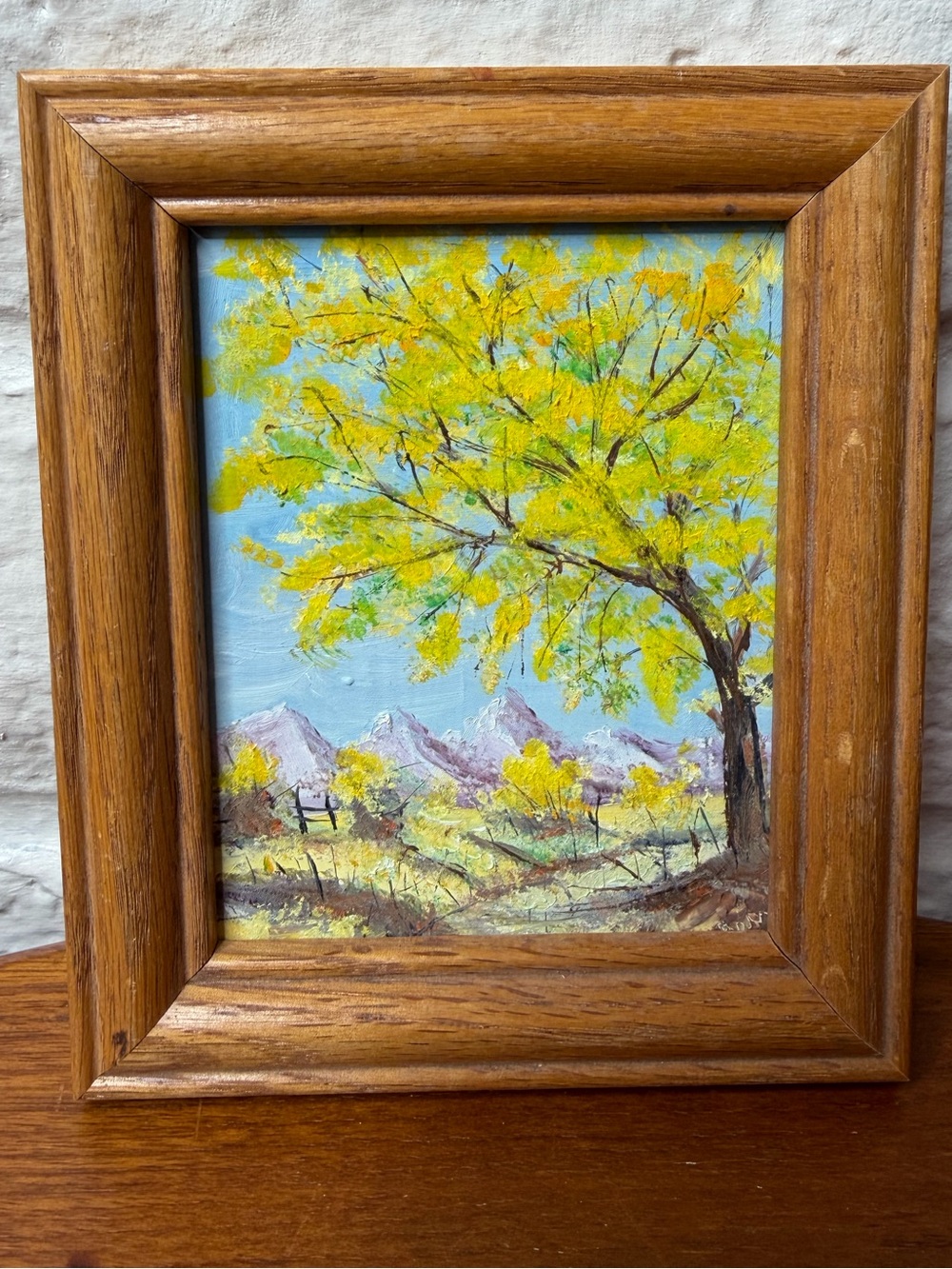 Framed Original Art Fall Tree Mountains 4x5